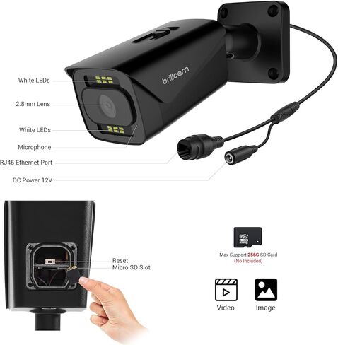 كاميرا Brillcam Oudoor IP، رؤية ليلية 85 قدمًا، كاميرا PoE بدقة 5 ميجابكسل، كاميرا أمان داخلية، عدسة 2.8 مم، ضوء كشاف، فتحة ميكروفون/SD مدمجة، بطاقة SD سعة 128 جيجابايت (غير متضمنة)، كشف الإنسان/التطفل/الحركة in Kuwait