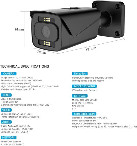 كاميرا Brillcam Oudoor IP، رؤية ليلية 85 قدمًا، كاميرا PoE بدقة 5 ميجابكسل، كاميرا أمان داخلية، عدسة 2.8 مم، ضوء كشاف، فتحة ميكروفون/SD مدمجة، بطاقة SD سعة 128 جيجابايت (غير متضمنة)، كشف الإنسان/التطفل/الحركة in Kuwait