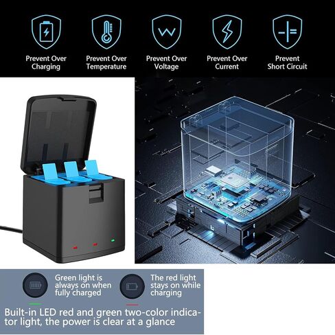 شاحن بطارية KWTOUL Hero 9/10/11 شاحن بطارية ثلاثي صندوق تخزين البطارية متوافق مع Gopro Hero 11/10/9 شاحن USB سريع للتخزين وقابس شاحن محول تيار متردد أمريكي in Kuwait