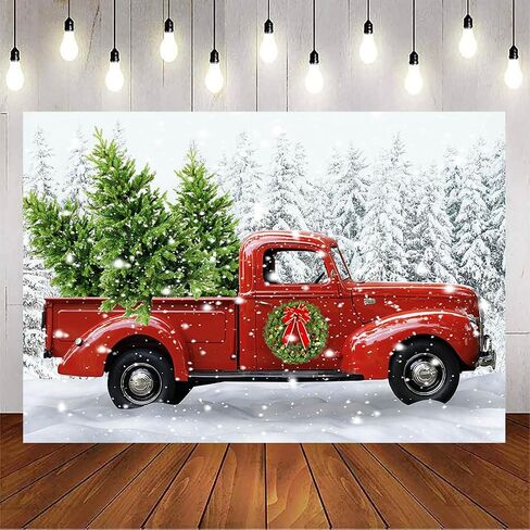Avezano Christmas Red Truck Backdrop Snowy Pine Tree Xmas Home Decorations Merry Christmas Party Background Winter Holiday Family Kids Portrait Photobooth Supplies (8x6ft) in Saudi Arabia