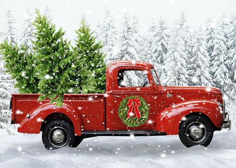 Avezano Christmas Red Truck Backdrop Snowy Pine Tree Xmas Home Decorations Merry Christmas Party Background Winter Holiday Family Kids Portrait Photobooth Supplies (8x6ft) in Saudi Arabia
