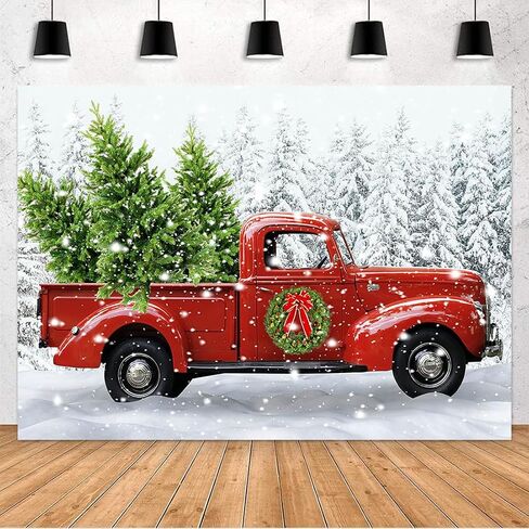 Avezano Christmas Red Truck Backdrop Snowy Pine Tree Xmas Home Decorations Merry Christmas Party Background Winter Holiday Family Kids Portrait Photobooth Supplies (8x6ft) in Saudi Arabia