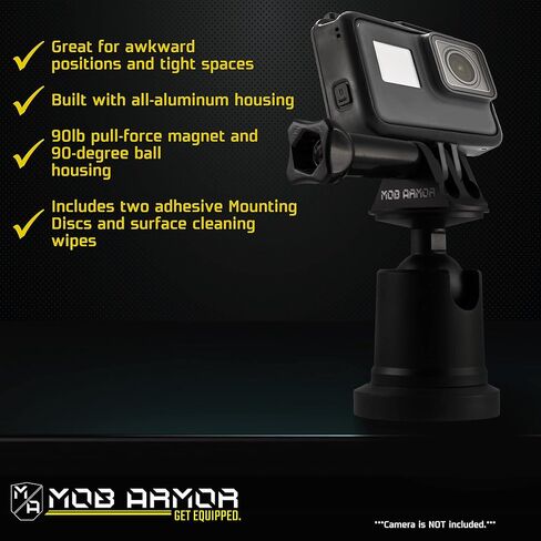 موب ارمور حامل مغناطيسي محوري لكاميرا الاكشن - حامل مغناطيسي لكاميرا جوبرو، اساسيات منشئ المحتوى، يدعم مغناطيس سحب بقوة 90 باوند، غطاء كروي 90 درجة (5 × 5 × 5 انش) in Kuwait