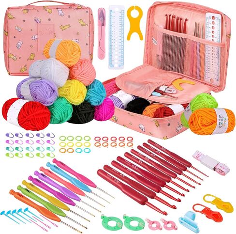 مجموعة كروشيه للمبتدئين البالغين، 90 قطعة من مجموعات الكروشيه مع ملحقات غزل الحياكة، حقيبة كروشيه، مجموعة أدوات كروشيه محمولة للمبتدئين والأطفال، خطافات كروشيه مريحة، لوازم أدوات حياكة للسفر in Kuwait