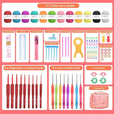 مجموعة كروشيه للمبتدئين البالغين، 90 قطعة من مجموعات الكروشيه مع ملحقات غزل الحياكة، حقيبة كروشيه، مجموعة أدوات كروشيه محمولة للمبتدئين والأطفال، خطافات كروشيه مريحة، لوازم أدوات حياكة للسفر in Kuwait