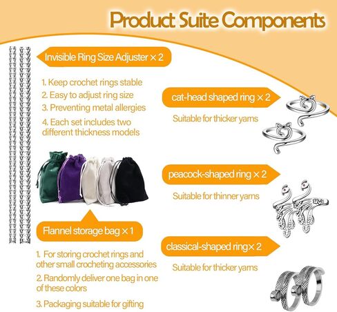 eactel 6 حزمة حلقة الكروشيه قابل للتعديل لدليل الغزل الإصبع، الطاووس القط خمر الحياكة حلقات الكروشيه للتوتر، الكروشيه حلقة التوتر غزل الإصبع in Kuwait