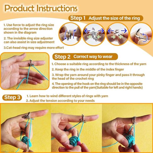 eactel 6 حزمة حلقة الكروشيه قابل للتعديل لدليل الغزل الإصبع، الطاووس القط خمر الحياكة حلقات الكروشيه للتوتر، الكروشيه حلقة التوتر غزل الإصبع in Kuwait
