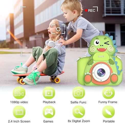 كاميرا أطفال ديناصور طفل صغير كاميرا رقمية بنين بنات أطفال، هدايا عيد الميلاد، كاميرا رقمية للأطفال 1080 بكسل HD كاميرا فيديو لـ 4 5 6 7 8 9 سنوات من العمر ألعاب هدايا لعبة الكاميرا (أخضر) in Kuwait