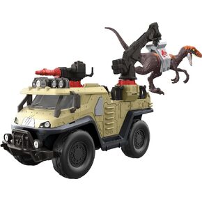 Mattel Jurassic World Dominion Capture & Crush Truck & Dino Playset with Velociraptor Action Figure, Vehicle Features Tranq Shooter, Crane & 2 Breakaways in Kuwait