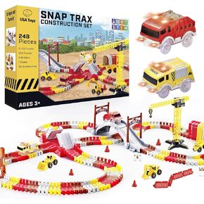 USA Toyz Snap Trax Construction Set Race Tracks and LED Toy Cars - 251 Pk STEM Building Toys Car Race Tracks Set with Bendable Race Car Track for Boys Girls, 3 Trucks, and 2 Light Up Toy Cars for Kids in Kuwait