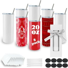 8 Pack Straight Sublimation Tumblers bulk 20 oz Skinny,Stainless Steel Double Wall Insulated Tumbler Cups Blank White with Lid, Straw, Individually Boxed,Polymer Coating for Heat Transfer in Kuwait