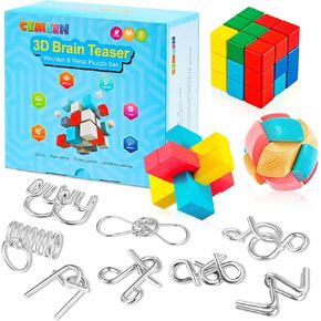 Brain Teasers Puzzles Game Toys - 11 Pack 3D Brain Game Educational Toys for Kids Age 6-12, Colorful Large Wooden and Metal Unlock Interlock IQ Test Game Toy Birthday Gifts in Saudi Arabia