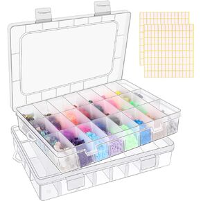 2 Pack 36 Grids Clear Plastic Organizer Box, Storage Container with Adjustable Divider, Craft Organizers and Storage Bead Storage Organizer Box for DIY Jewelry Tackles with 2 Sheets Label Stickers