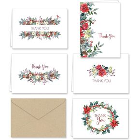 Paper Frenzy Christmas Greenery Thank You Note Cards and Envelopes - 25 pack