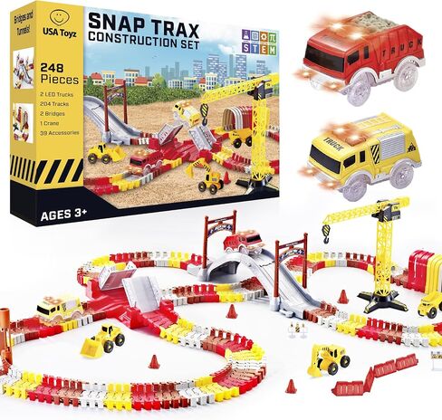 USA Toyz Snap Trax Construction Set Race Tracks and LED Toy Cars - 251 Pk STEM Building Toys Car Race Tracks Set with Bendable Race Car Track for Boys Girls, 3 Trucks, and 2 Light Up Toy Cars for Kids in Kuwait