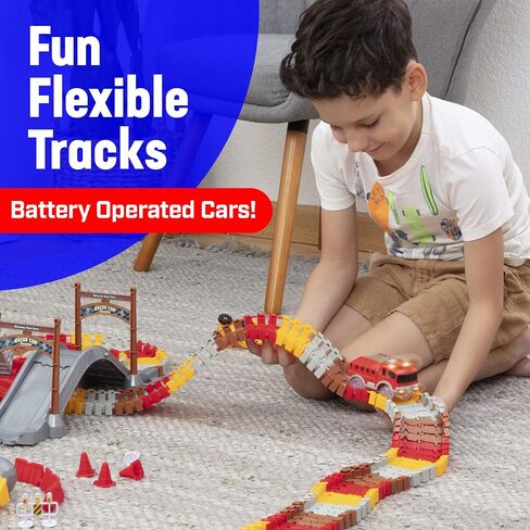 USA Toyz Snap Trax Construction Set Race Tracks and LED Toy Cars - 251 Pk STEM Building Toys Car Race Tracks Set with Bendable Race Car Track for Boys Girls, 3 Trucks, and 2 Light Up Toy Cars for Kids in Kuwait