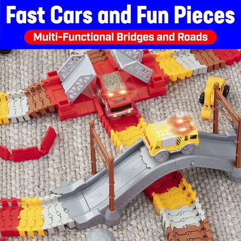 USA Toyz Snap Trax Construction Set Race Tracks and LED Toy Cars - 251 Pk STEM Building Toys Car Race Tracks Set with Bendable Race Car Track for Boys Girls, 3 Trucks, and 2 Light Up Toy Cars for Kids in Kuwait