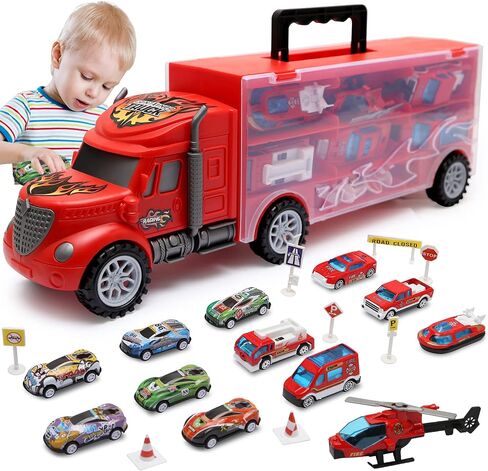 Toddler Toys for 3-4 Year Old Boys,Large Transport Cars Carrier Set Truck Toys with 12 Die cast Vehicles Truck Toys Cars,Ideal Christmas Easter Gifts Toys for Kids Age 3-7 in Kuwait
