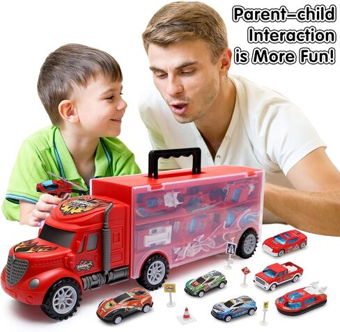 Toddler Toys for 3-4 Year Old Boys,Large Transport Cars Carrier Set Truck Toys with 12 Die cast Vehicles Truck Toys Cars,Ideal Christmas Easter Gifts Toys for Kids Age 3-7 in Kuwait