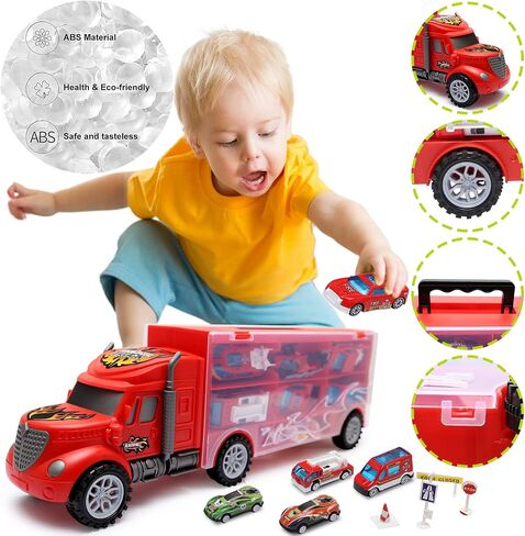 Toddler Toys for 3-4 Year Old Boys,Large Transport Cars Carrier Set Truck Toys with 12 Die cast Vehicles Truck Toys Cars,Ideal Christmas Easter Gifts Toys for Kids Age 3-7 in Kuwait