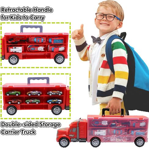 Toddler Toys for 3-4 Year Old Boys,Large Transport Cars Carrier Set Truck Toys with 12 Die cast Vehicles Truck Toys Cars,Ideal Christmas Easter Gifts Toys for Kids Age 3-7 in Kuwait