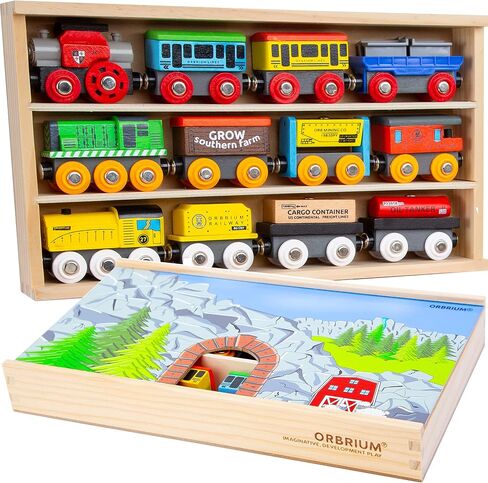 Orbrium Toys 12 (18 Pcs) Wooden Engines & Train Cars Collection with Animals, Farm Safari Zoo Wooden Animal Train Cars, Circus Wooden Train Compatible with Thomas, Brio, Chuggington in Kuwait