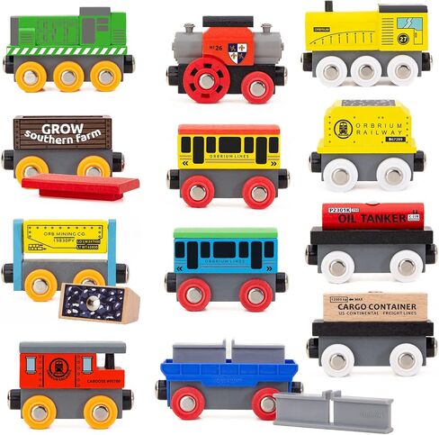 Orbrium Toys 12 (18 Pcs) Wooden Engines & Train Cars Collection with Animals, Farm Safari Zoo Wooden Animal Train Cars, Circus Wooden Train Compatible with Thomas, Brio, Chuggington in Kuwait