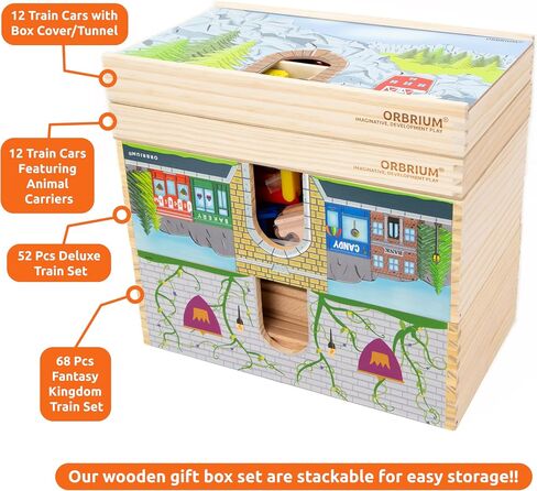 Orbrium Toys 12 (18 Pcs) Wooden Engines & Train Cars Collection with Animals, Farm Safari Zoo Wooden Animal Train Cars, Circus Wooden Train Compatible with Thomas, Brio, Chuggington in Kuwait