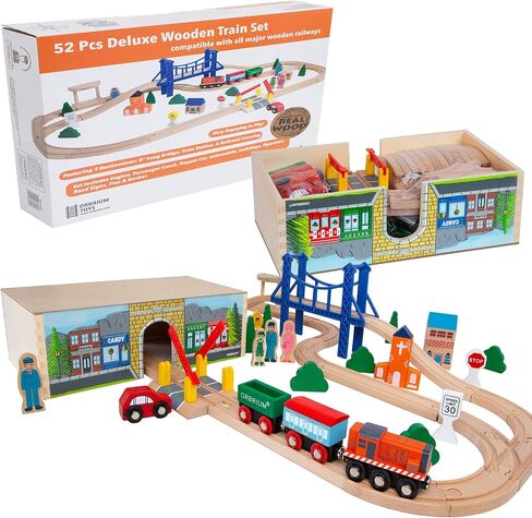 Orbrium Toys 12 (18 Pcs) Wooden Engines & Train Cars Collection with Animals, Farm Safari Zoo Wooden Animal Train Cars, Circus Wooden Train Compatible with Thomas, Brio, Chuggington in Kuwait