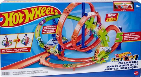 Hot Wheels Track Set, Epic Crash Dash with 5 Crash Zones, Motorized Booster and 1 Hot Wheels 1:64 Scale Toy Car, Easy Storage in Saudi Arabia