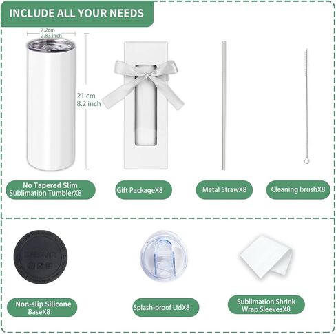 8 Pack Straight Sublimation Tumblers bulk 20 oz Skinny,Stainless Steel Double Wall Insulated Tumbler Cups Blank White with Lid, Straw, Individually Boxed,Polymer Coating for Heat Transfer in Kuwait