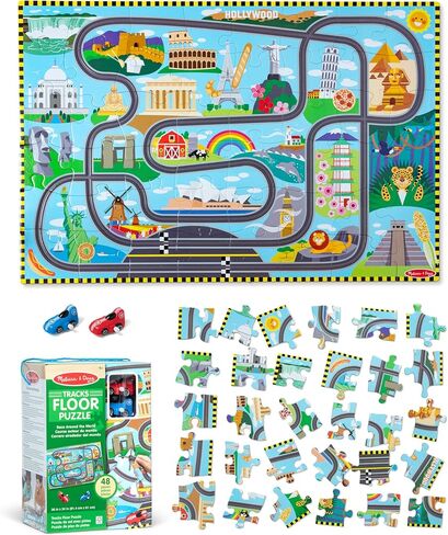 Melissa & Doug Race Around The World Tracks Cardboard Jigsaw Floor Puzzle and Wind-Up Vehicles – 48 Pieces, for Boys and Girls 3+ - FSC-Certified Materials in Saudi Arabia