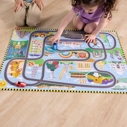 Melissa & Doug Race Around The World Tracks Cardboard Jigsaw Floor Puzzle and Wind-Up Vehicles – 48 Pieces, for Boys and Girls 3+ - FSC-Certified Materials in Saudi Arabia