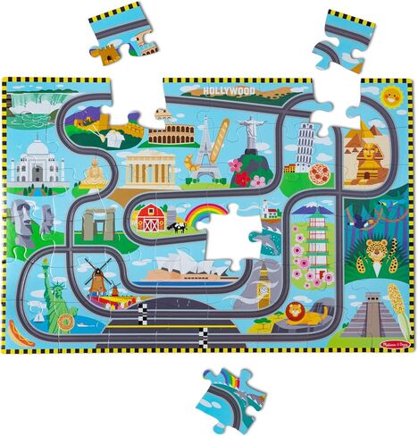 Melissa & Doug Race Around The World Tracks Cardboard Jigsaw Floor Puzzle and Wind-Up Vehicles – 48 Pieces, for Boys and Girls 3+ - FSC-Certified Materials in Saudi Arabia