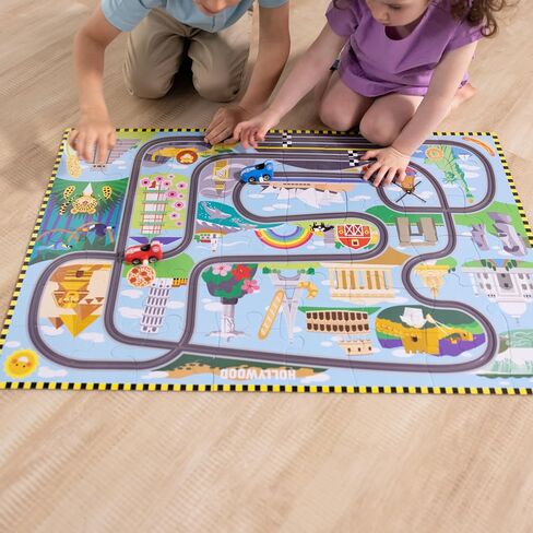Melissa & Doug Race Around The World Tracks Cardboard Jigsaw Floor Puzzle and Wind-Up Vehicles – 48 Pieces, for Boys and Girls 3+ - FSC-Certified Materials in Saudi Arabia