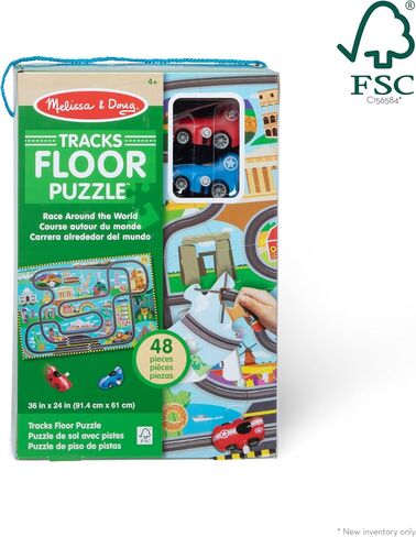 Melissa & Doug Race Around The World Tracks Cardboard Jigsaw Floor Puzzle and Wind-Up Vehicles – 48 Pieces, for Boys and Girls 3+ - FSC-Certified Materials in Saudi Arabia