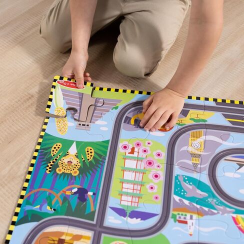 Melissa & Doug Race Around The World Tracks Cardboard Jigsaw Floor Puzzle and Wind-Up Vehicles – 48 Pieces, for Boys and Girls 3+ - FSC-Certified Materials in Saudi Arabia