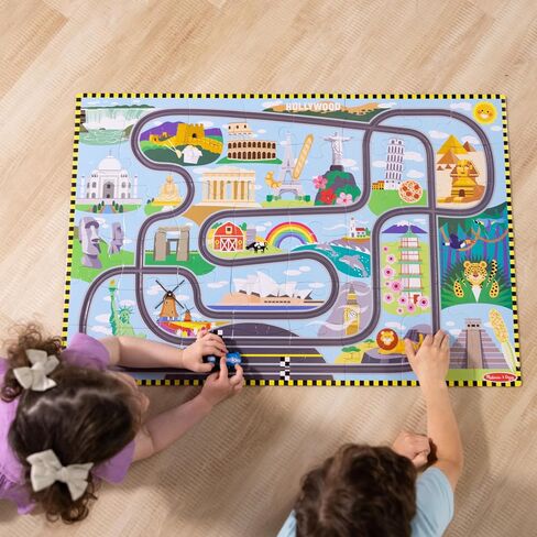 Melissa & Doug Race Around The World Tracks Cardboard Jigsaw Floor Puzzle and Wind-Up Vehicles – 48 Pieces, for Boys and Girls 3+ - FSC-Certified Materials in Saudi Arabia