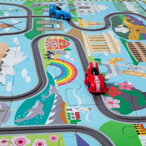 Melissa & Doug Race Around The World Tracks Cardboard Jigsaw Floor Puzzle and Wind-Up Vehicles – 48 Pieces, for Boys and Girls 3+ - FSC-Certified Materials in Saudi Arabia