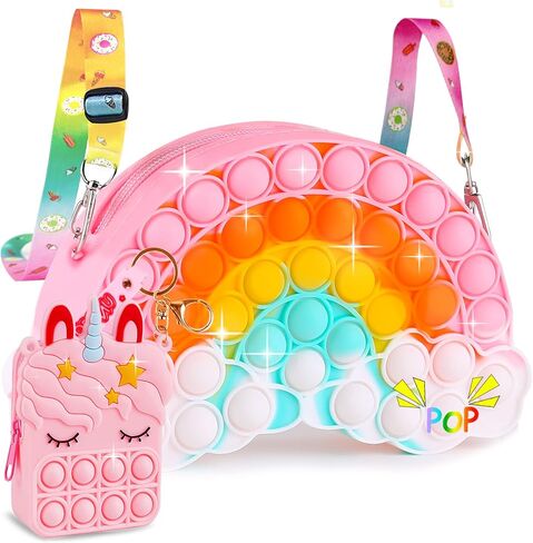 Aucma 2 Pack Purse for Girls Toys Gift Rainbow Cloud Pink Unicorn Crossbody Handbag Bag Kid 3 4 5 6 7 8 9 10 11 12 Years Old Birthday Valentines Christmas Stocking Easter Basket Stuffers Stuff in Kuwait