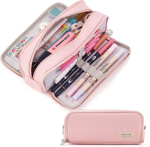 CICIMELON Large Capacity Pencil Case 3 Compartment Pouch Pen Bag for School Teen Girl Boy Men Women (Pink) in Kuwait