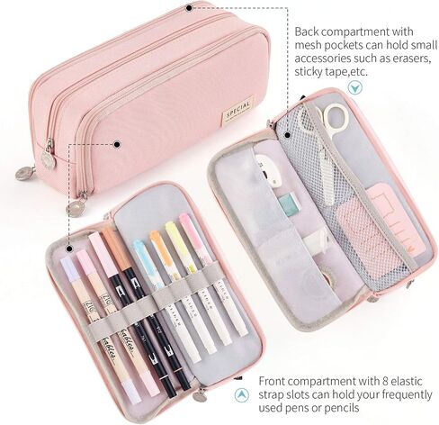 CICIMELON Large Capacity Pencil Case 3 Compartment Pouch Pen Bag for School Teen Girl Boy Men Women (Pink) in Kuwait
