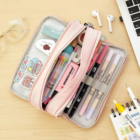 CICIMELON Large Capacity Pencil Case 3 Compartment Pouch Pen Bag for School Teen Girl Boy Men Women (Pink) in Kuwait