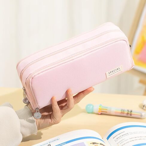 CICIMELON Large Capacity Pencil Case 3 Compartment Pouch Pen Bag for School Teen Girl Boy Men Women (Pink) in Kuwait