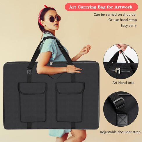 حافظة TreochtFUN Art Portfolio مقاس 24 × 36، حقيبة محفظة للفنانين حقيبة حمل قماشية مقاومة للماء 2K مع حقيبة، مجلد محفظة لتخزين الأعمال الفنية لمستلزمات رسم لوحة الملصقات. ناعمة (أسود) in Kuwait