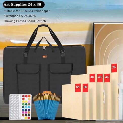 حافظة TreochtFUN Art Portfolio مقاس 24 × 36، حقيبة محفظة للفنانين حقيبة حمل قماشية مقاومة للماء 2K مع حقيبة، مجلد محفظة لتخزين الأعمال الفنية لمستلزمات رسم لوحة الملصقات. ناعمة (أسود) in Kuwait
