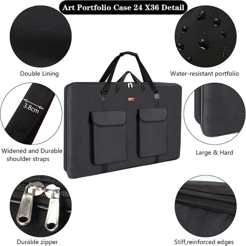 حافظة TreochtFUN Art Portfolio مقاس 24 × 36، حقيبة محفظة للفنانين حقيبة حمل قماشية مقاومة للماء 2K مع حقيبة، مجلد محفظة لتخزين الأعمال الفنية لمستلزمات رسم لوحة الملصقات. ناعمة (أسود) in Kuwait