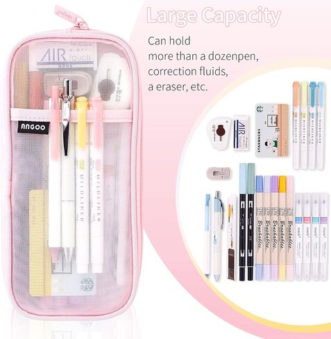 EASTHILL شبكة شبكة مقلمة قلم رصاص مع سحاب واضح ماكياج اللون الحقيبة مستحضرات التجميل حقيبة متعددة الأغراض السفر المدرسة في سن المراهقة الفتيات والفتيان شفافة حقيبة ثابتة مكتب منظم مربع لadluts (الوردي) in Kuwait