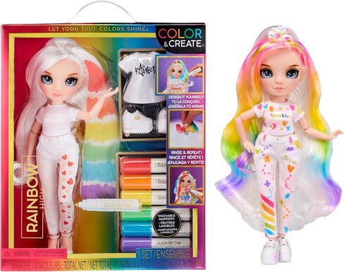 Rainbow High Color & Create Fashion DIY Doll with Washable Rainbow Markers, Blue Eyes, Straight Hair, Bonus Top & Shoes. Color, Create, Play, Rinse and Repeat. Creative 4-12+ in Saudi Arabia