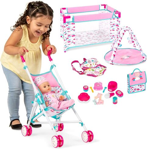 Best Choice Products Kids 15-Piece 13.5in Newborn Baby Doll Nursery Role Play Playset w/ Stroller, Travel Cot, Play Mat, Travel Bag, Carrier, Seat, Accessories in Saudi Arabia